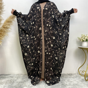 Naila Floral Batwing Black Chiffon Georgette Open Abaya.