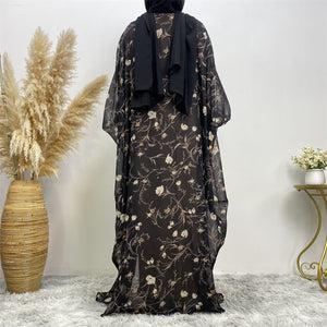 Naila Floral Batwing Black Chiffon Georgette Open Abaya.