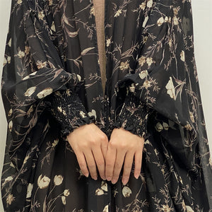 Naila Floral Batwing Black Chiffon Georgette Open Abaya.