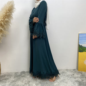 Side view of pleated waist lace trim abaya