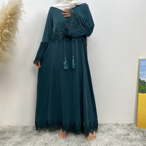 Zainab abaya with lace trim on sleeves and waist