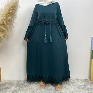 Front view of Zainab lace abaya with elegant silhouette