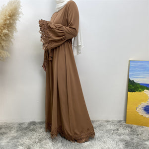 Side view of pleated waist lace trim abaya