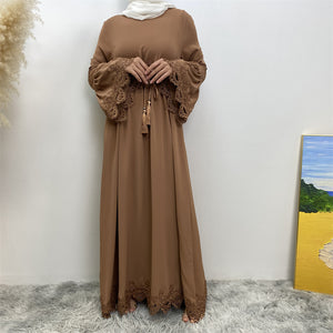 Elegant nidha and lace abaya with attached rope belt