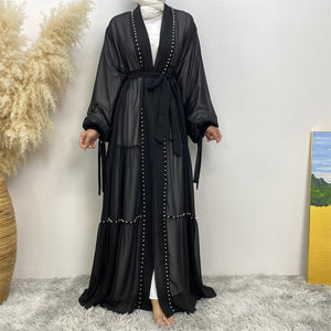 Gazala pearl embellished open abaya in chiffon georgette with layered drapes