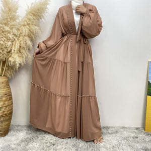 Gazala pearl embellished open abaya in chiffon georgette with layered drapes