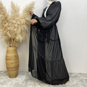Side view of Gazala open abaya showing flowy chiffon georgette drapes