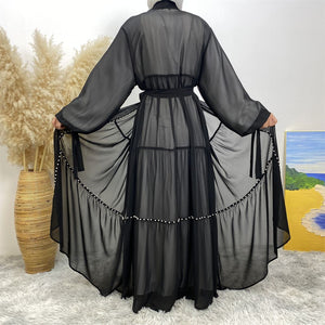 Back view of Gazala open abaya showing flowy chiffon georgette drapes