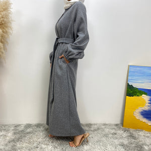 Side view of premium abaya coat with matching belt
