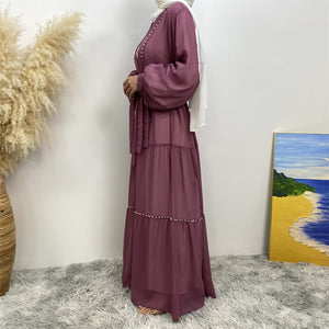 Side view of Gazala open abaya showing flowy chiffon georgette drapes