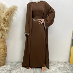 Noor Coffee Brown Diamante 4 Piece Abaya Set.