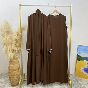 Noor Coffee Brown Diamante 4 Piece Abaya Set.