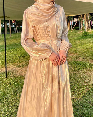 Imaan Ivory Gold Champagne Pearl 5 Piece Organza Shimmer Abaya Set.