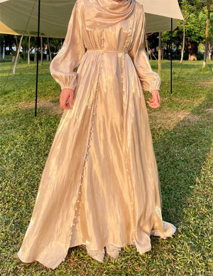 Imaan Ivory Gold Champagne Pearl 5 Piece Organza Shimmer Abaya Set.