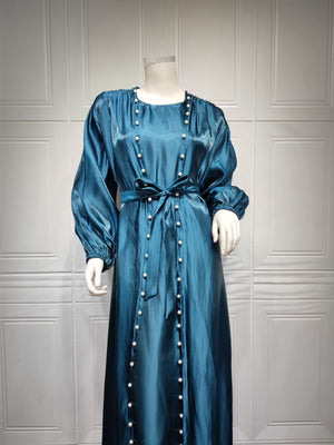 Imaan Teal Pearl 5 Piece Organza Shimmer Abaya Set.