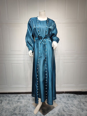 Imaan Teal Pearl 5 Piece Organza Shimmer Abaya Set.