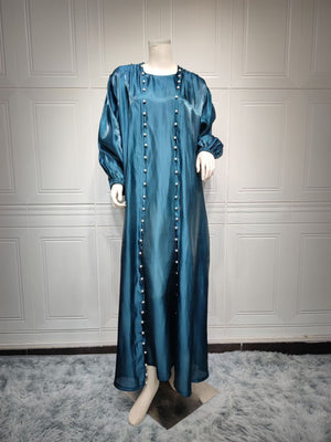 Imaan Teal Pearl 5 Piece Organza Shimmer Abaya Set.