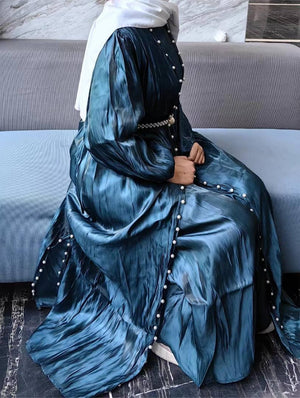 Imaan Teal Pearl 5 Piece Organza Shimmer Abaya Set.