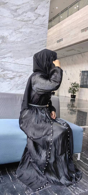 Imaan Black Pearl 5 Piece Organza Shimmer Abaya Set.