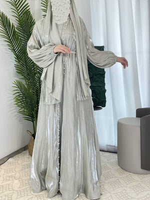 Imaan Mint Pistachio Green Pearl 5 Piece Organza Shimmer Abaya Set.