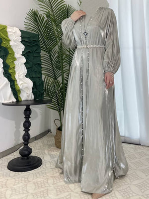 Imaan Mint Pistachio Green Pearl 5 Piece Organza Shimmer Abaya Set.