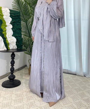 Imaan Pastel Lilac Grey Pearl 5 Piece Organza Shimmer Abaya Set.