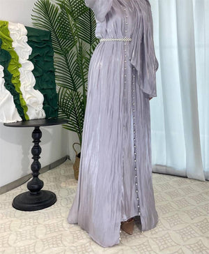 Imaan Pastel Lilac Grey Pearl 5 Piece Organza Shimmer Abaya Set.