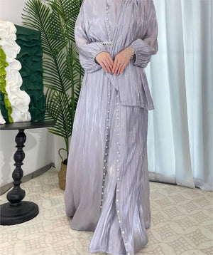Imaan Pastel Lilac Grey Pearl 5 Piece Organza Shimmer Abaya Set.