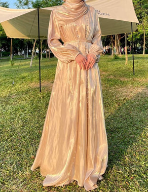 Imaan Ivory Gold Champagne Pearl 5 Piece Organza Shimmer Abaya Set.