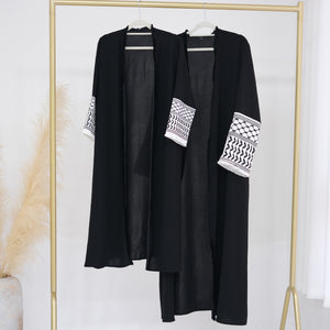 Keffiyeh Embroidered Sleeve Black Crepe Open Abaya.