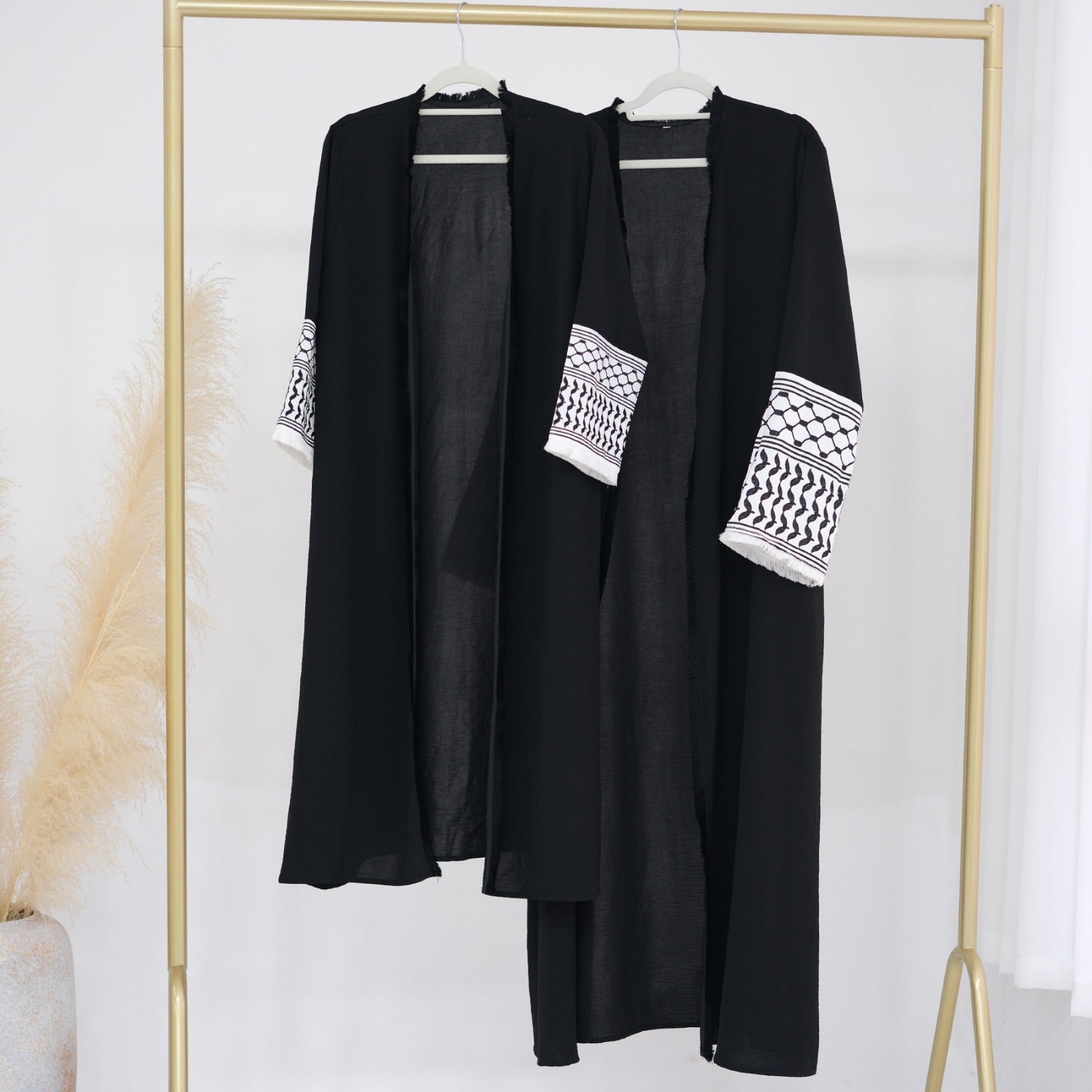 Keffiyeh Embroidered Sleeve Black Children Mum and Kids Open Abaya.