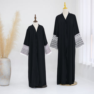 Keffiyeh Embroidered Sleeve Black Crepe Open Abaya.
