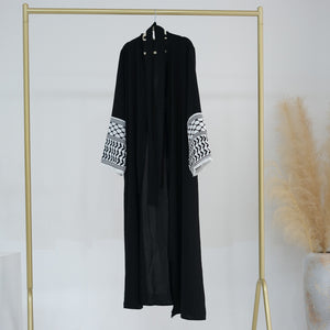 Keffiyeh Embroidered Sleeve Black Crepe Open Abaya.