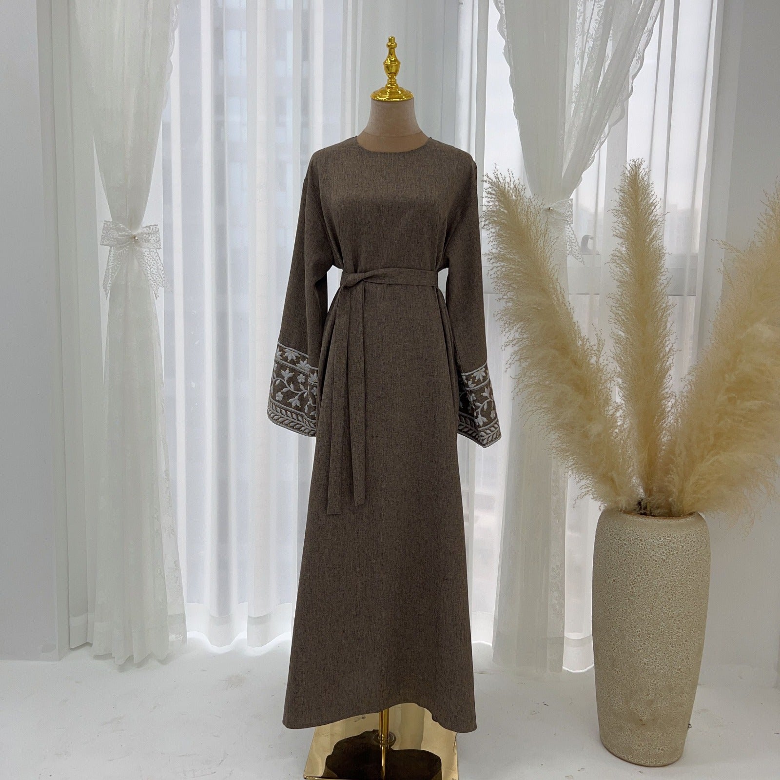 Embroidered Sleeve Brown Linen Closed Abaya.