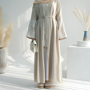 Embroidered Sleeve Champagne Beige Linen Open Abaya.