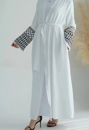 Keffiyeh Embroidered Sleeve White Crepe Open Abaya.