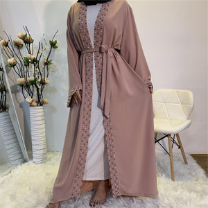 Maheen pearl embellished open abaya with scalloped sleeves