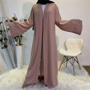 Maheen pearl embellished open abaya with scalloped sleeves