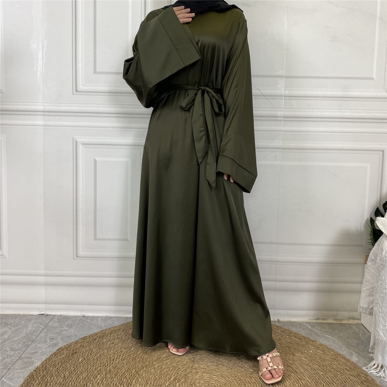 Hira satin abaya with luxury sheen, loose fit and matching belt