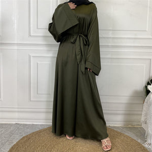 Hira satin abaya with luxury sheen, loose fit and matching belt