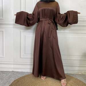 Hira satin abaya with luxury sheen, loose fit and matching belt