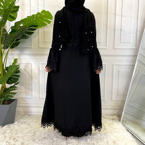Back view of pleated waist lace trim abaya