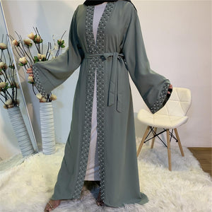 Maheen pearl embellished open abaya with scalloped sleeves