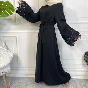 Elegant nursing-friendly abaya with invisible zip, lace trim sleeves, and invisible side pockets.