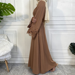 Modest fashion Aira abaya with nursing zip, lace trim sleeves, and high-quality nidha fabric.
