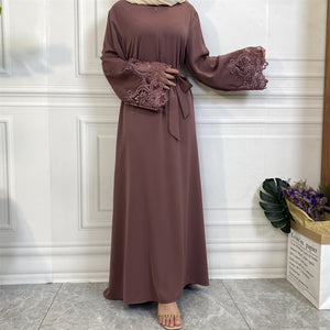 Mauve Aira abaya with luxury lace trim sleeves and matching belt, crafted from premium nidha fabric.