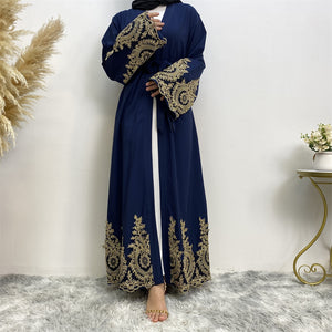 Front view of Safa lace border abaya for modest fashion
