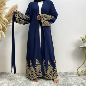 Front view of Safa lace border abaya for modest fashion