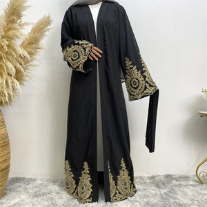 Elegant open abaya with matching belt and lace detailing