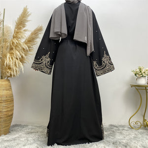 Ameerah open abaya with scattered pearls and bronze embroidered sleeves